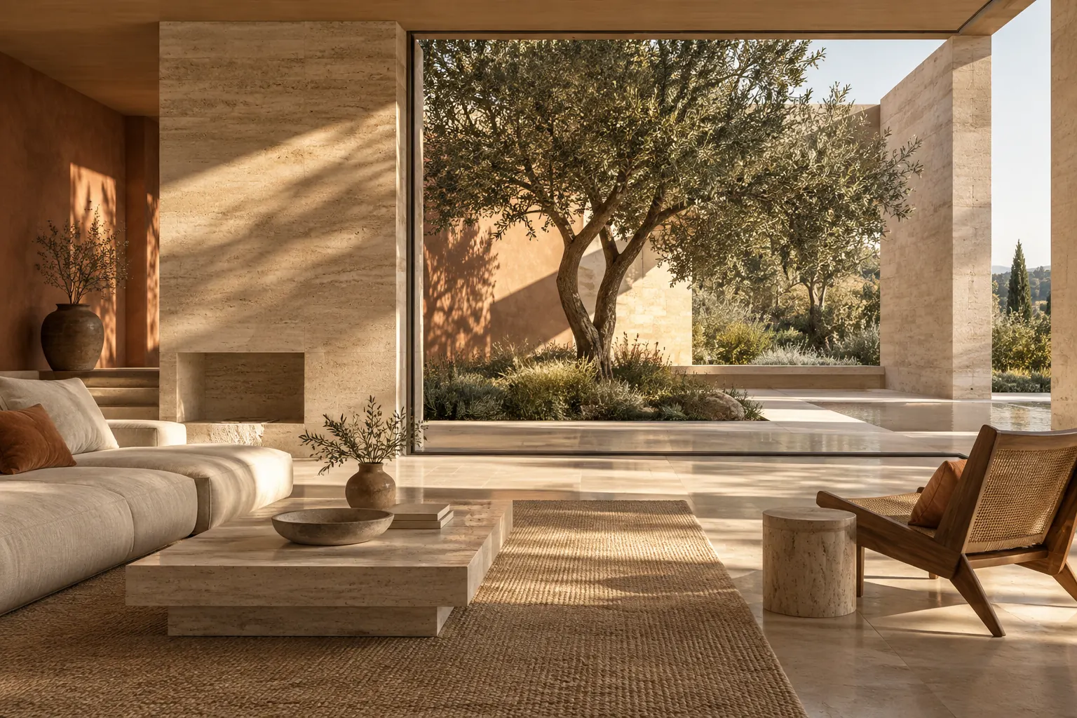 自然日光灑落在石材與淺木色家具構成的建築室內空間